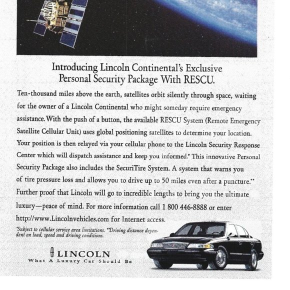 Lincoln Continental Personal Security RESCU Luxury Car 1990s  Vintage Print Ad - Picture 2 of 2